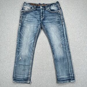 Rock Revival Kyrie Straight Jeans Mens 36x28 Blue Distressed Fleur De Lis Denim